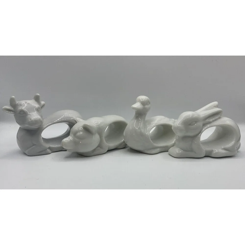 Vintage Japanese White Ceramic Napkin Rings Holders Set Of 4 Cow Pig Duck Rabbit